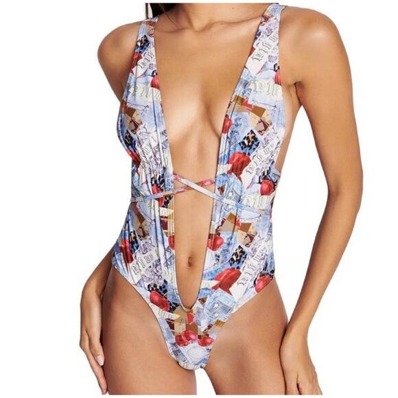 I.AM.GIA Other - I.AM.GIA Zaley Multicolor Logo Print One Piece Swimsuit Size XS Cutout Detail